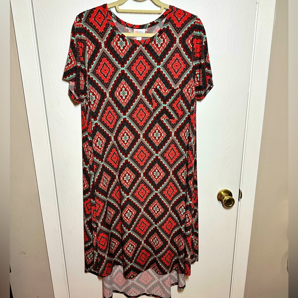 LuLaRoe Vault Classic - Carly with Geometric Red and Teal Swing Dress